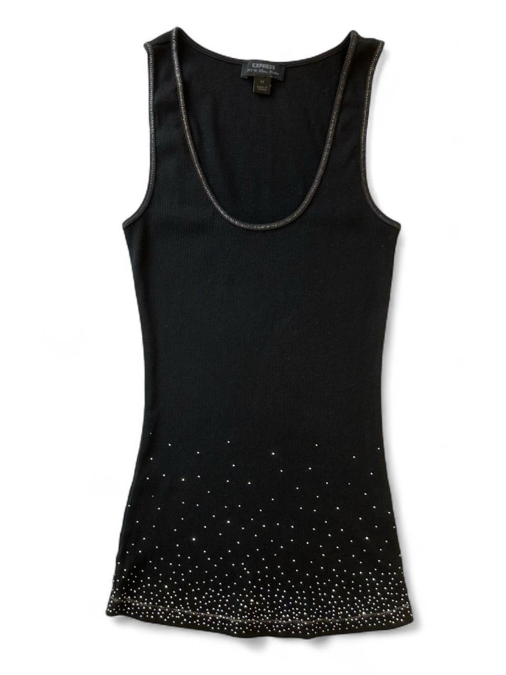 Y2K 2000s Express Bedazzled Black Scoop Neck Tank Top with Shimmery Stitching